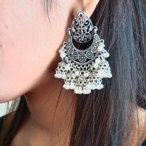 Indian Style Oxidized Earrings, Ethnic Handmade Silver Tone Earrings With Pearls - Picture 1 of 6